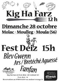 Kig ha Farz et Fest-deiz. Le dimanche 28 octobre 2018 à Molac. Morbihan.  12H00
